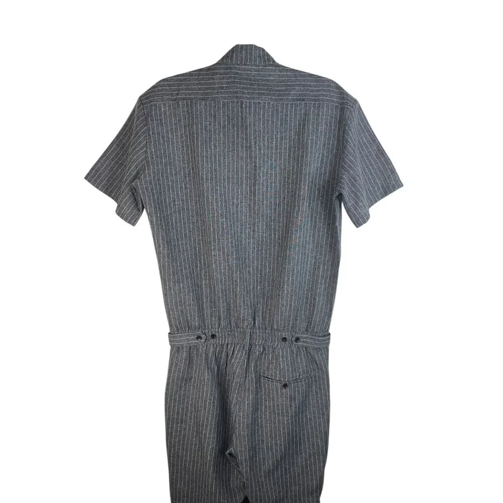 Romperjack Mens Striped Short Sleeve Romper Gray Button Front With Pockets M